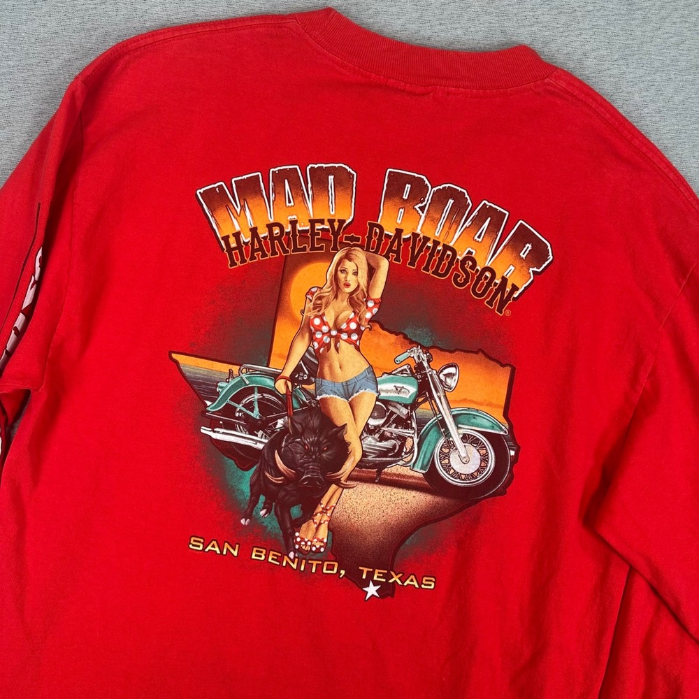 Harley-Davidson Shirt Mens Medium Red‎ San Benito Texas Mad Boar Long Sleeve VTG